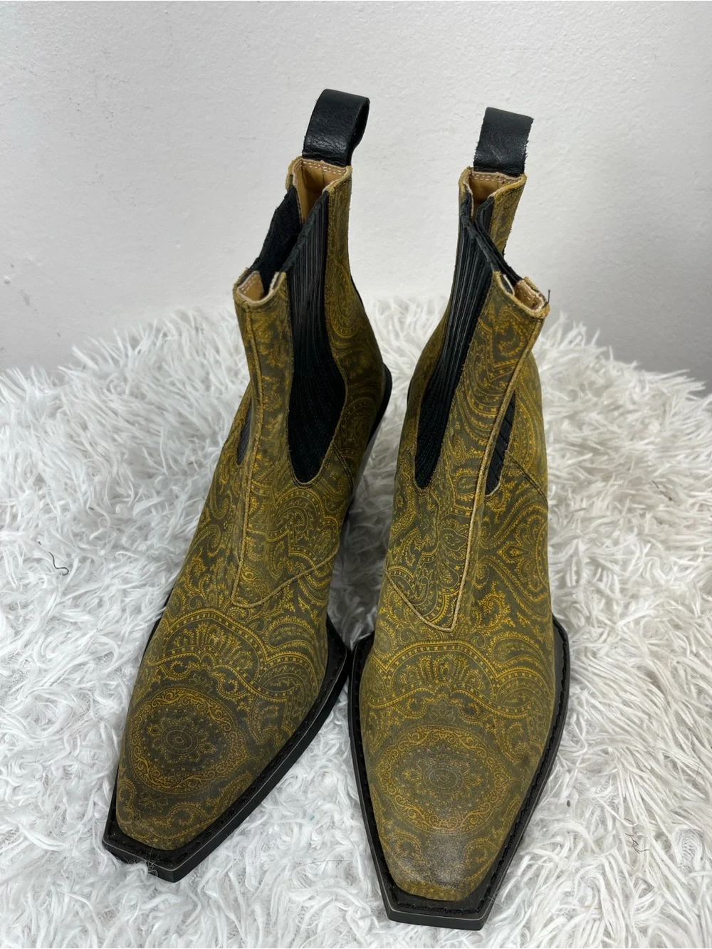 John Fluevog Yellow Paisley Diana Chelsea Booties with Black Trim - Picture 7 of 11